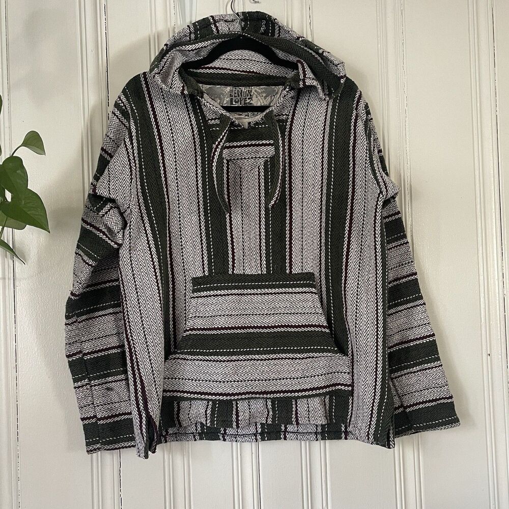 Original Senor Lopez Men Gray Green Red Baja Poncho Handcrafted Hoodie Size XL
